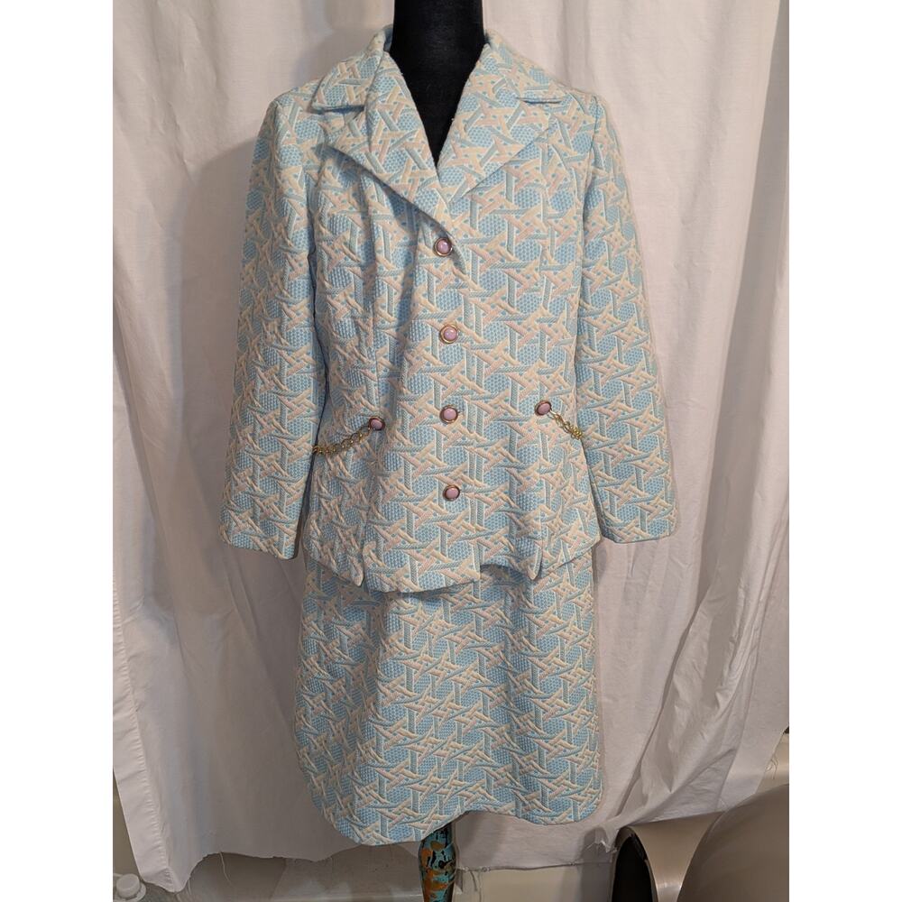 VTG Handmade 60s 2 Piece Mod Pastel Blue Geometric Skirt & Jacket W/ Gold Chains